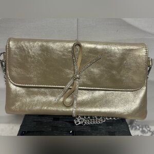 Sondra Roberts Gold Clutch with Rhinestone Bow new
